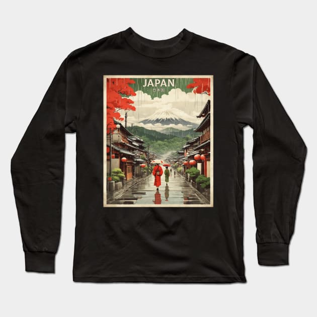 Kyoto Japan Rainy Day Vintage Travel Tourism Long Sleeve T-Shirt by TravelersGems